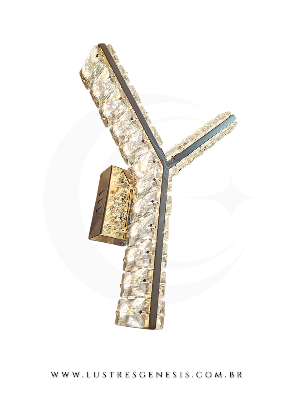 Arandela de cristal com design geométrico, iluminada por LED, perfeita para corredores e paredes de destaque.